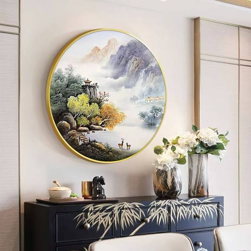 手绘油画新中式山水风景客厅装饰画手工圆形餐厅玄关壁画流水生财图片