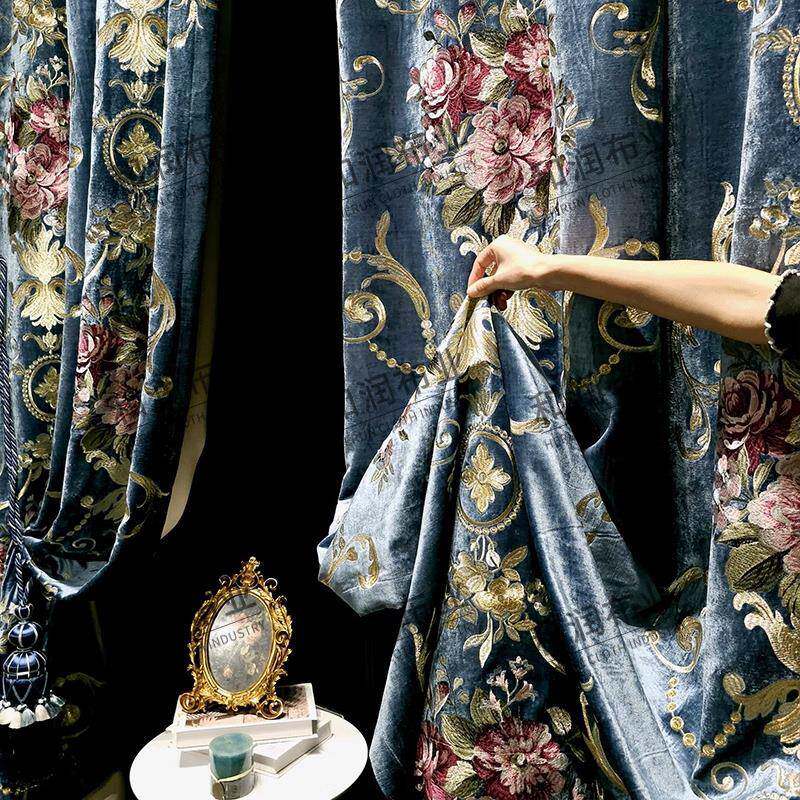 法式窗帘复古宫绿廷风奢式华绣花卧18室刺绣别绒布高档欧美式墅客