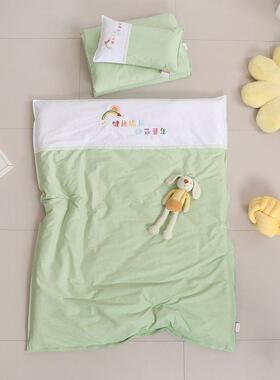 全棉花幼睡儿绣园被子三NJI件套纯格子拼接色宝宝被褥午含芯六七