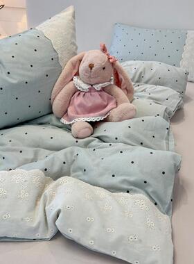 新款清新皱洗皱纱床水棉复古舍花边床单四件套学生宿三H4pR3DMG件