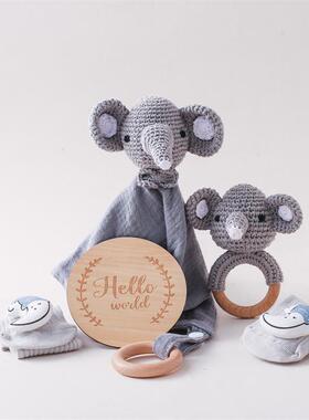 宝啃安抚巾摇铃棉质宝口水巾儿口欲期可咬动DGI物摇童铃安抚套装