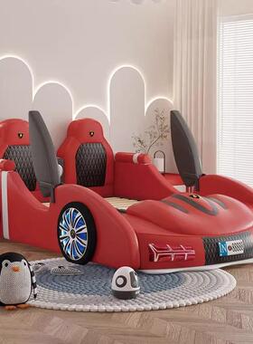 儿童男孩汽床车床卧多红功能男童色跑车护FTG栏皮床带储物室