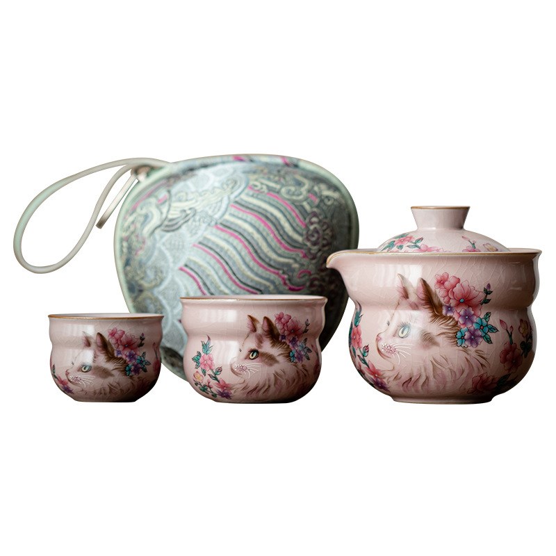 粉汝花猫葫芦旅行茶具开片陶瓷一壶二杯便携式快客杯户外差旅泡茶
