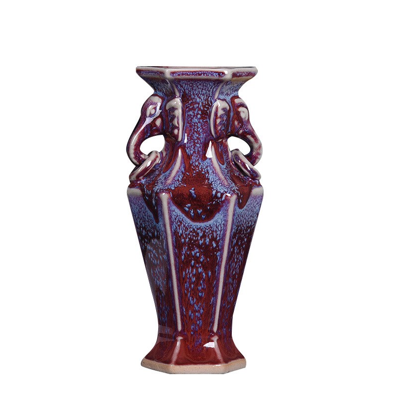 钧瓷小花瓶摆件复古双耳瓷瓶客厅玄关装饰品陶瓷器古董工艺品花瓶