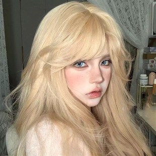 瑞娇女套日常网红长卷发自然白金色齐刘海水波纹全头套式