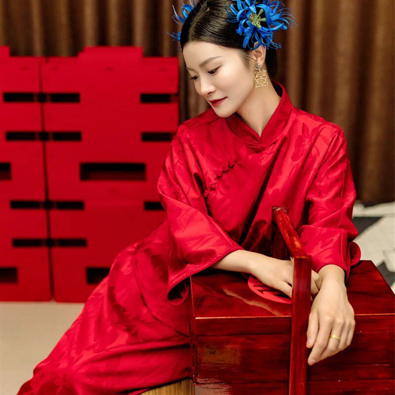 新中国风改良旗袍新娘礼服红色婚礼祝酒礼服订婚懒人半裙套装