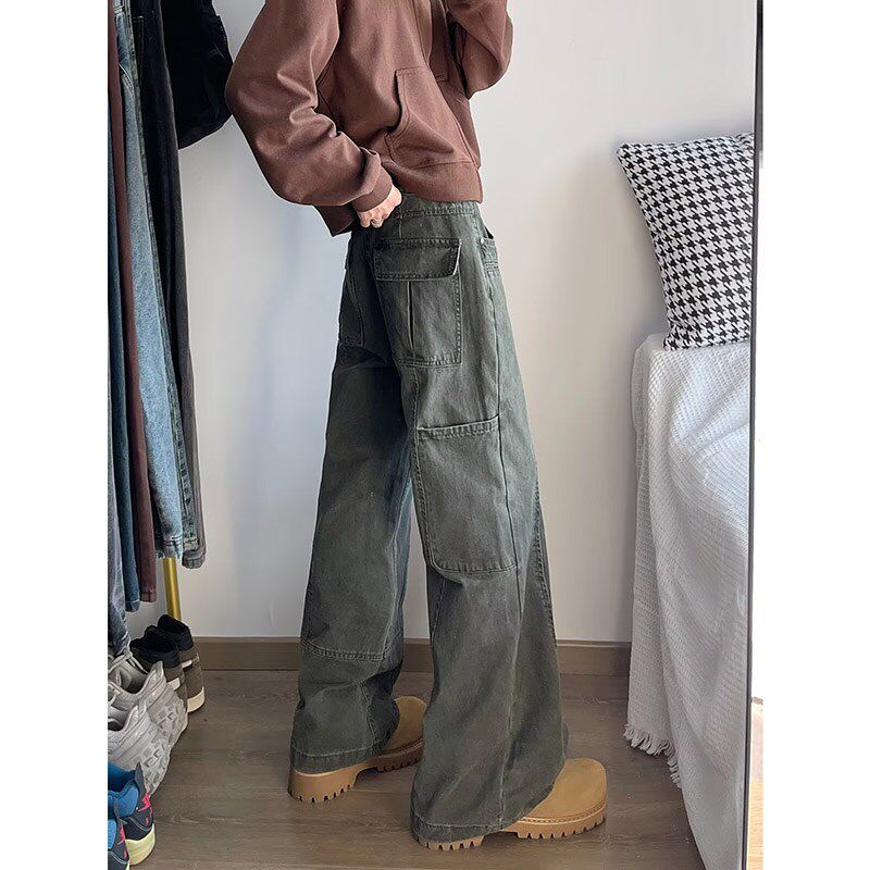 烟灰色伐木工装牛仔长裤q男女显瘦美式宽松休闲水洗直筒伞兵微喇