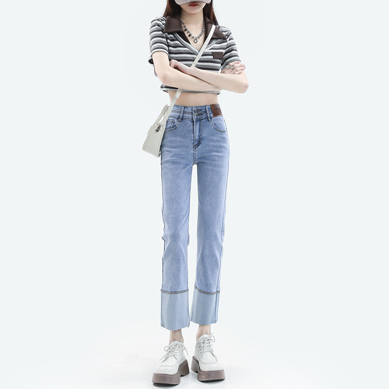 高腰九分浅色直筒牛仔裤女小个子2023年新款春秋宽松显瘦烟管裤子