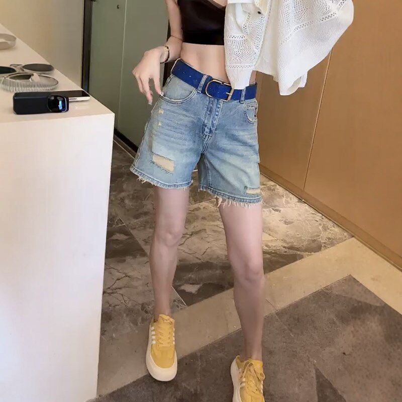 高腰显瘦直筒无弹破洞牛仔短裤夏季新款百搭复古宽松a字阔腿裤