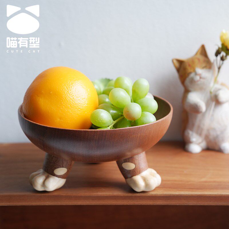 喵有型三脚猫盘实木创意果盘餐盘茶盘水果盘沙拉盘木托盘装饰盘子