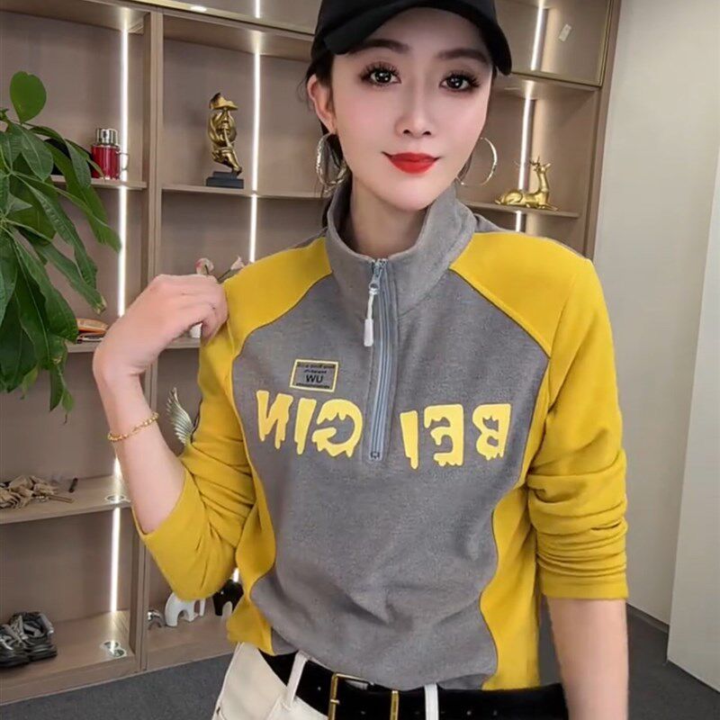美式撞色拼接立领棒球服T恤女2025早春新款休闲百搭半拉链上衣潮