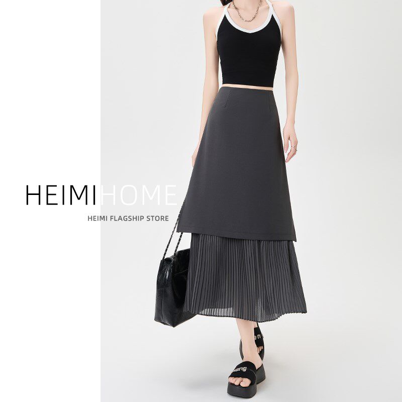 灰色雪纺拼接百褶裙女夏薄款高腰长款a字西装裙小个子压褶半身裙