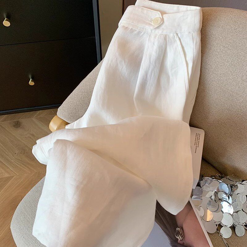 白色亚麻西装阔腿裤女夏薄款设计感2024高腰垂感显瘦直筒休闲裤子