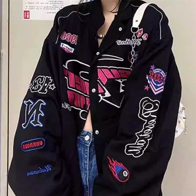美式棒球服女秋冬季港风机车飞行服刺绣夹克宽松古着薄款外套棉服