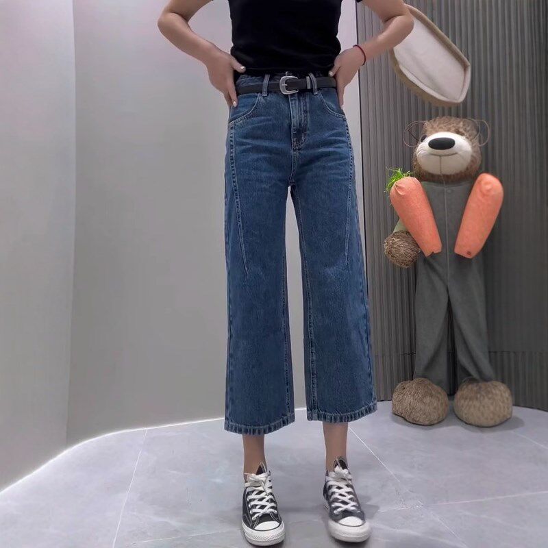 2025春季新款高腰显瘦直筒牛仔裤大码女装复古百搭九分宽松阔腿裤