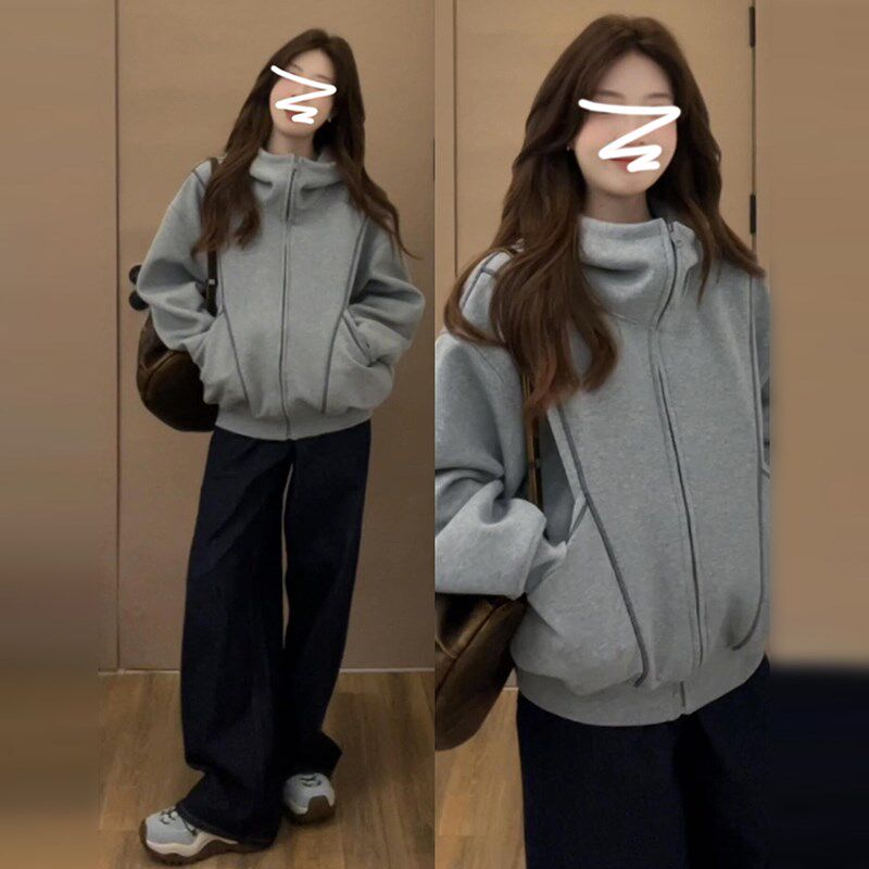 早春季复古灰色小个子连帽卫衣外套女2025新款今年流行爆款棒球服