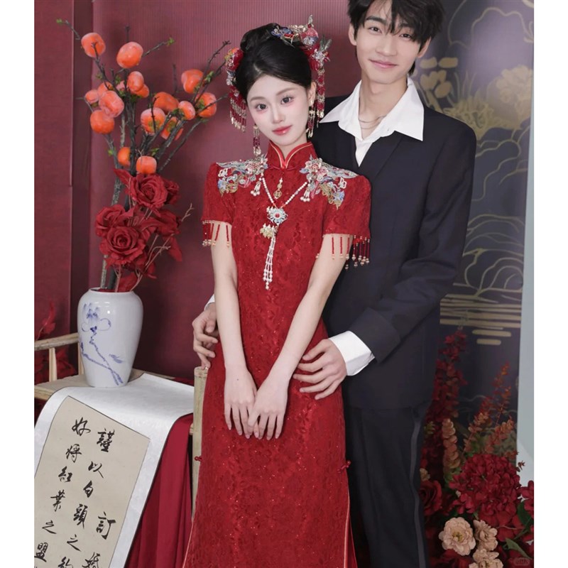 新中式改良短袖旗袍敬酒服喜庆订婚礼服裙年轻款酒红色喜嫁回门服