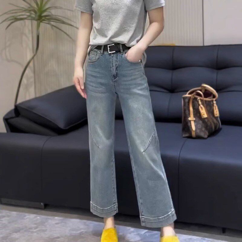 大码女装复古百搭直筒牛仔裤女2025春季新款高腰弹力九分阔腿裤子