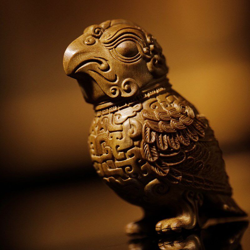 老山檀香木雕刻青k铜鸟摆件实木中式家居饰品春秋神鸟手把件工艺