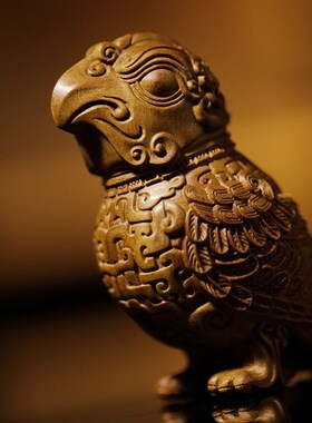 老山檀香木雕刻青k铜鸟摆件实木中式家居饰品春秋神鸟手把件工艺