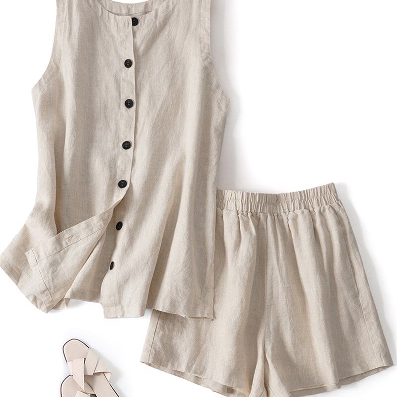 夏装搭配一整套轻熟高级欧货炸街时尚亚麻无袖上衣阔腿短裤套装女