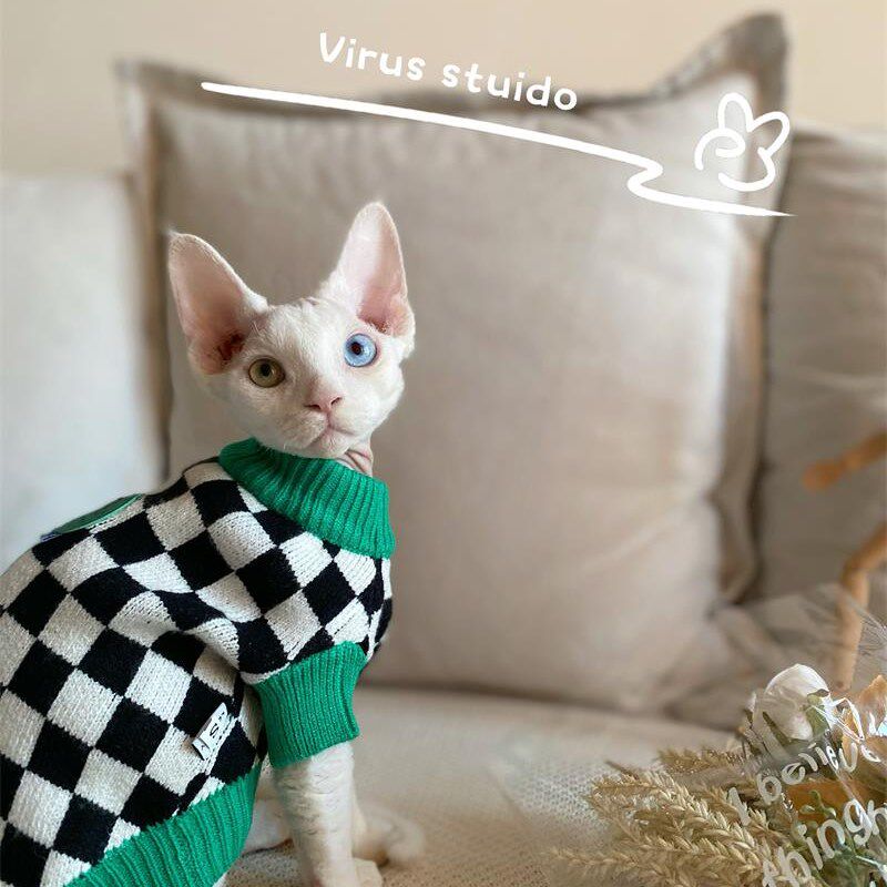 秋冬斯芬克斯无毛猫德文猫衣服护肚棋盘格针织衫狗狗小猫咪外套潮