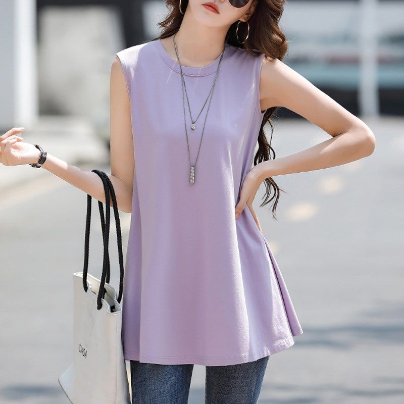 丝光棉无袖t恤女2024年夏季宽松纯棉中长款洋气背心外穿百搭上衣