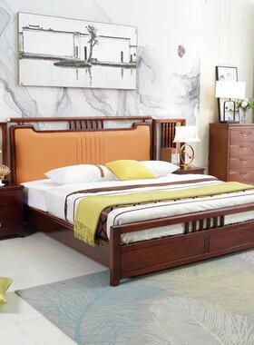 新中式金丝檀木床家用卧VUD室1.8米大约床代现简软靠包背双人床