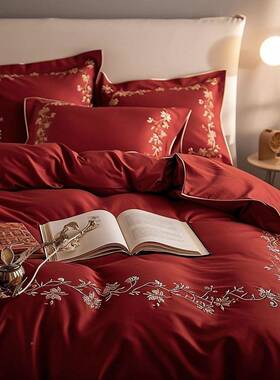 欧床式浪漫婚四件套红色感婚结庆喜刺绣被套床单上用pxx10032品时
