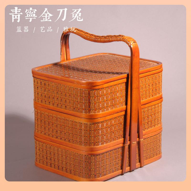 ?篮食F757T656盒送提篮竹编子手提餐三层编拜拜用手工织竹篮子古