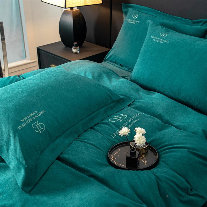 奢刺绣款高磨毛四件套短用绒亲肤纯018色被套床单被端套轻床上品