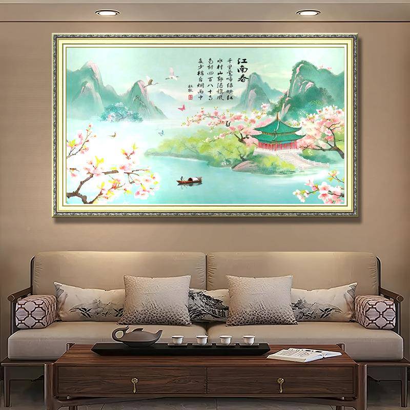 十字2025新S25079款满绣客绣厅书新中式写意山水画江春南色桃花笑