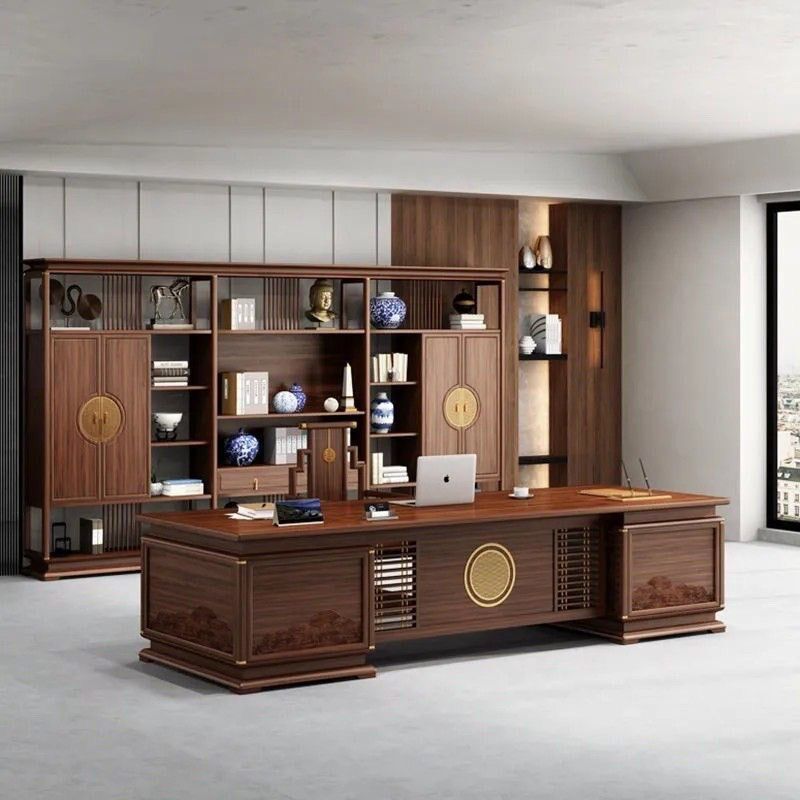 新中式实木办公桌乌金木老板桌总裁桌董事长大班台办公室家具定制