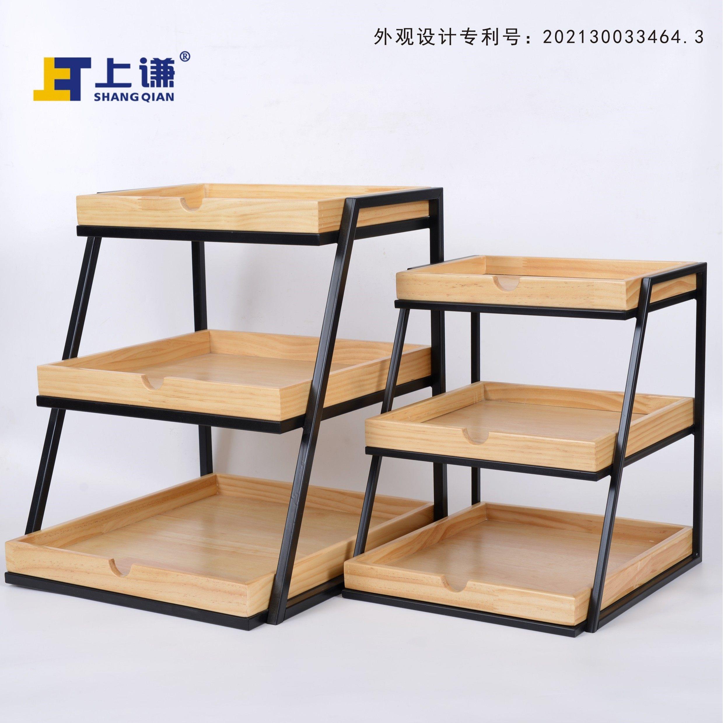 上谦三层松木盘铁架面 面包蛋糕干 干点水果陈列架超市促销架橱窗