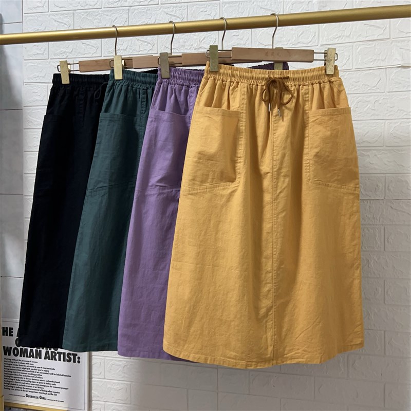 洗水麻棉中长款半身裙双口袋高腰大码A字裙子