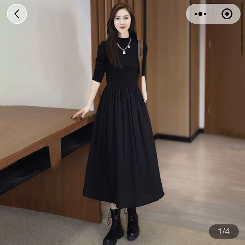 尚雅范女装赫本风洋装秋冬长袖半高领内搭裙子女法式过膝打底裙