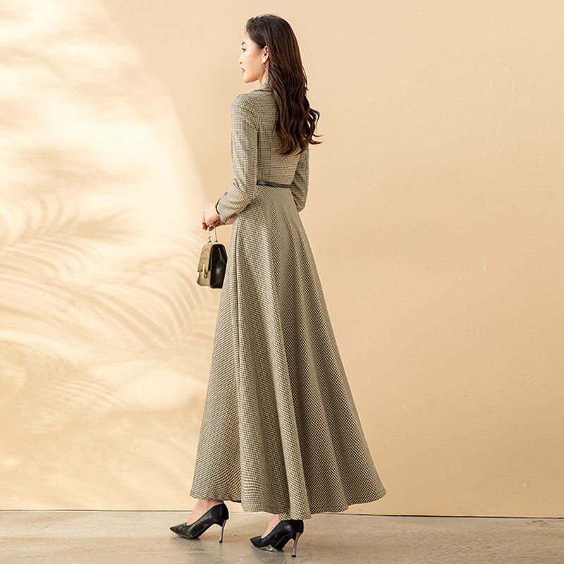 长袖连衣裙女2024新款早春气质收腰高级感显瘦长款过膝西装领长裙