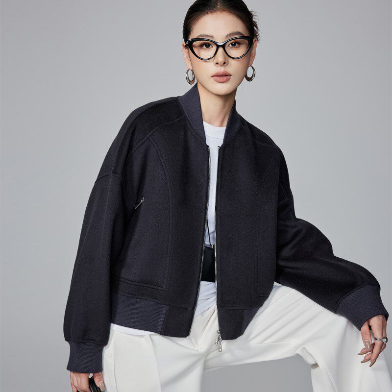 立领拼接羊毛呢外套女短款冬季2024新款高级感拉链棒球服夹克上衣