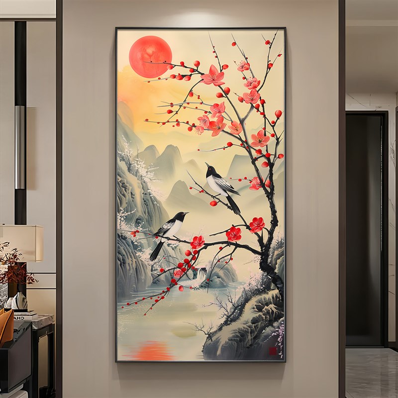 喜上梅梢玄关装饰画带灯喜v鹊报喜走廊过道壁画入户正对门挂画