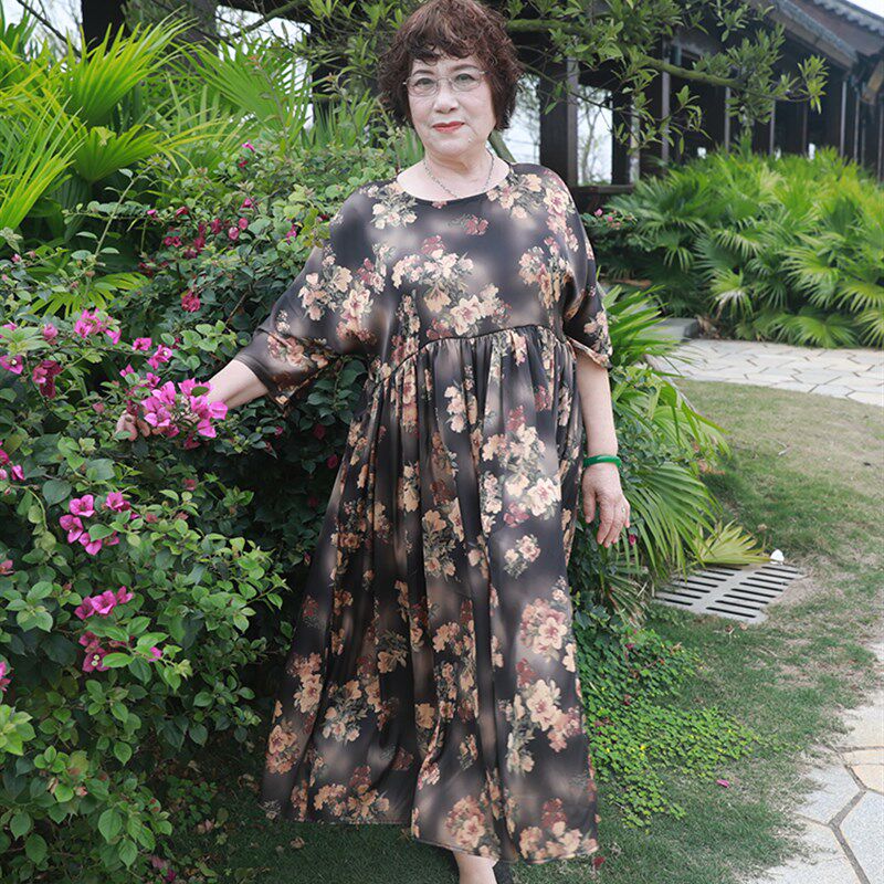香云纱七分袖连衣裙2024夏季新款长裙加肥大码胖妈妈宽松显瘦裙子