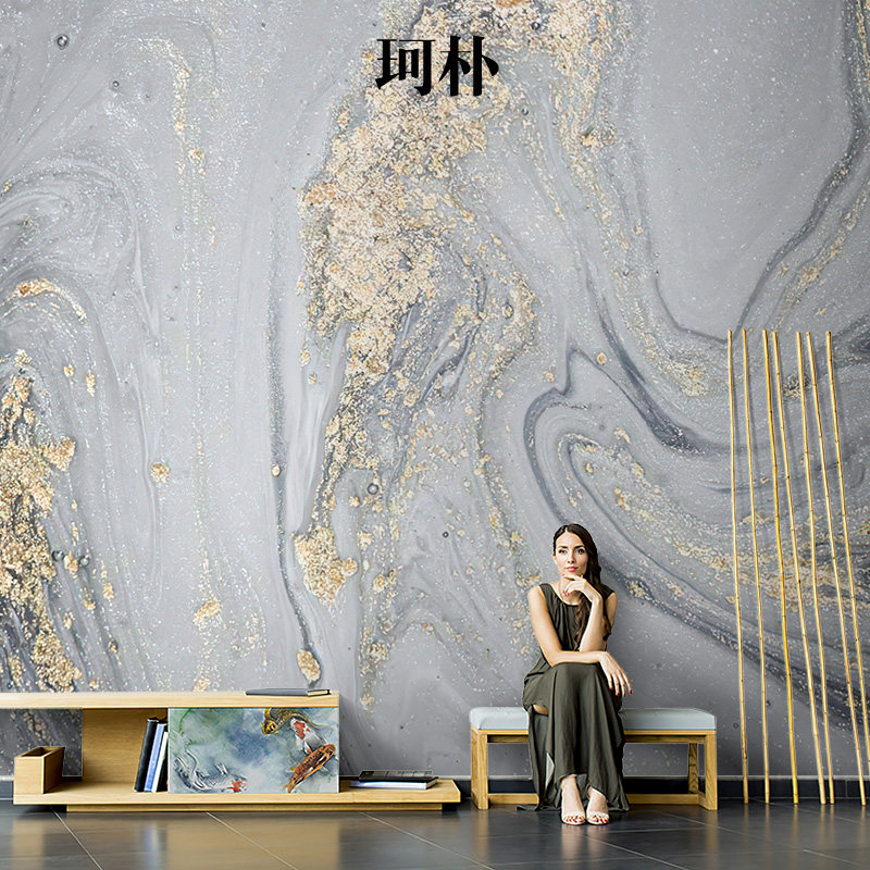 珂朴北欧手绘艺术轻奢大理石壁画客厅沙发电视背景墙壁纸金色墙布