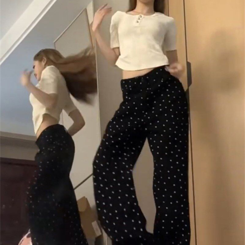 大码复古黑色波点碎花牛仔裤女夏季设计感高腰直筒裤阔腿裤长裤子