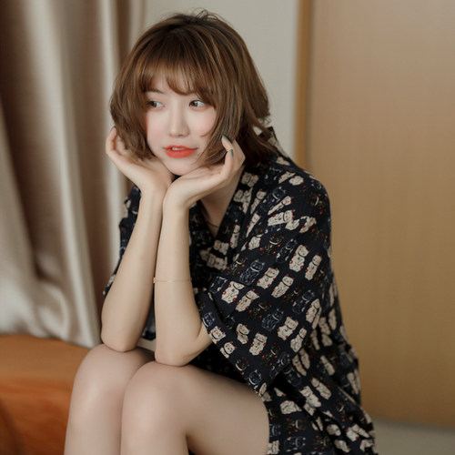 汗蒸服女可爱加肥k休闲亚麻日式和服开衫系扣情侣高档大码洗浴桑