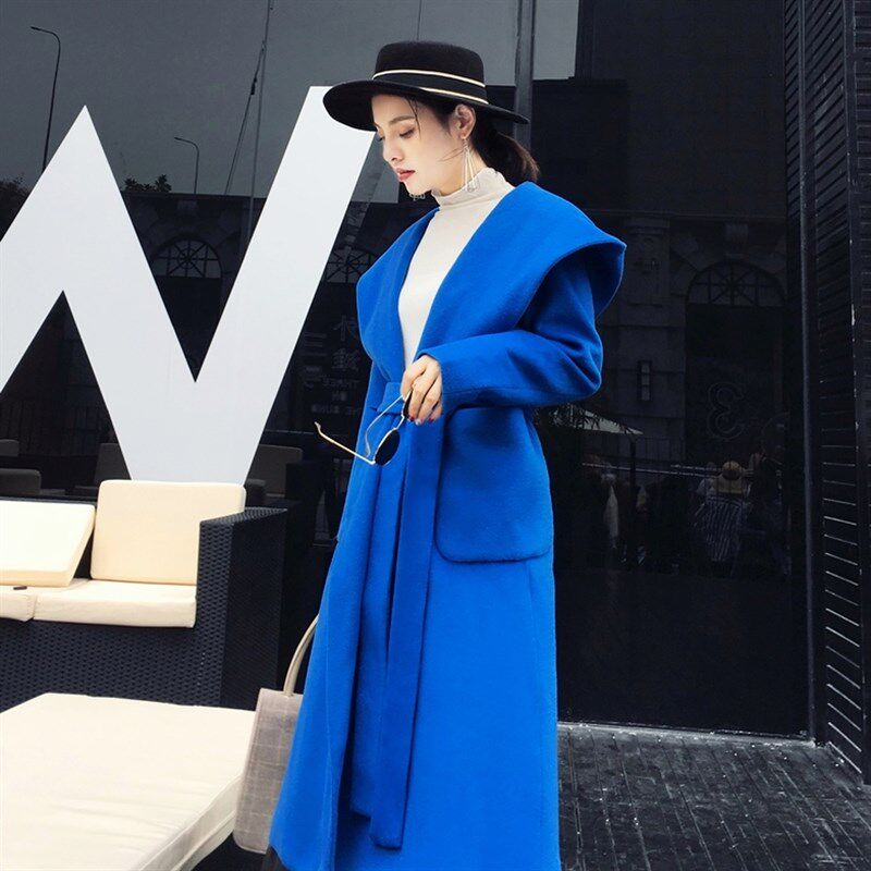 2023秋冬新款复古宽松连帽双面羊绒大衣中长版过膝系带毛呢外套女