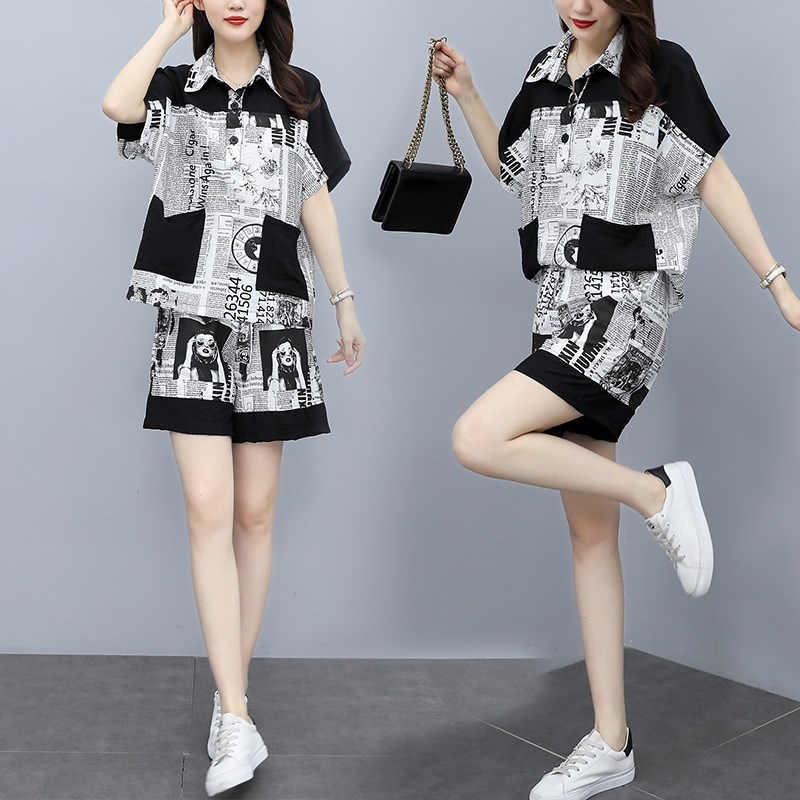 2025夏季新款时尚显瘦短袖短裤大码女装休闲运动胖妹妹两件套套装