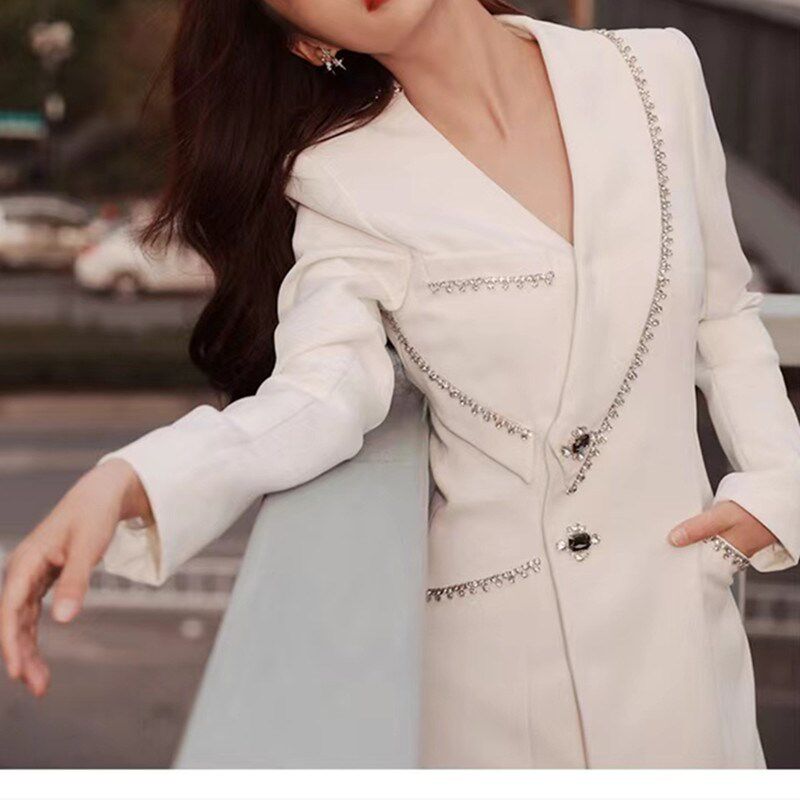 修身显瘦重工镶钻西装连衣裙高级感气质女神范白色西装外套女秋装