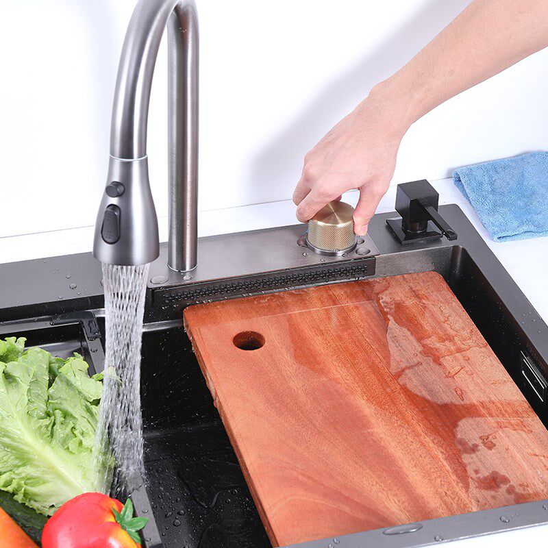 高端纳米水槽飞雨大单槽黑色304不锈钢厨房洗菜盆台中盆洗碗水盆