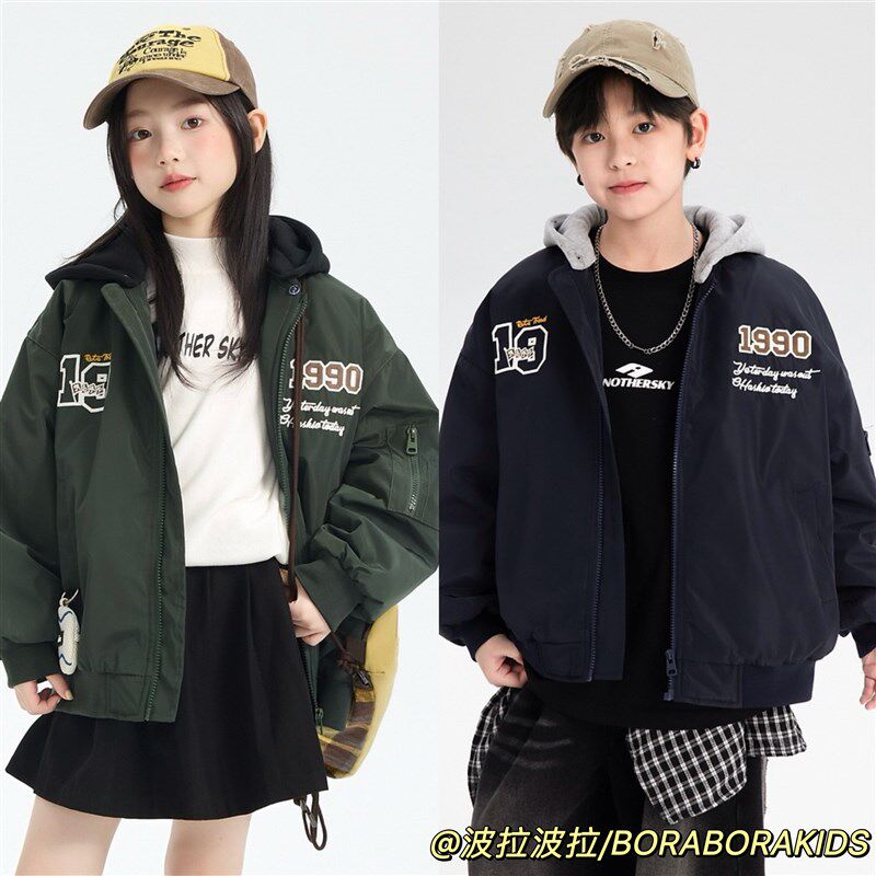 实体店儿童套装男生女孩冬季连帽棒球棉服波拉青少年夹棉冲锋衣外