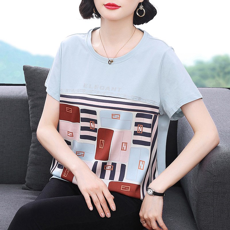 中年妈妈纯棉短袖t恤女装洋气印花拼接遮肚小衫夏装新款减龄上衣