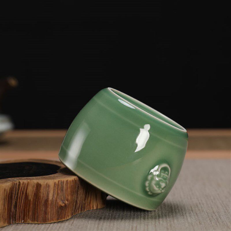 青瓷弟窑梅子青兽耳茶杯陶瓷w功夫茶具吴国华手工大号品茗杯主人